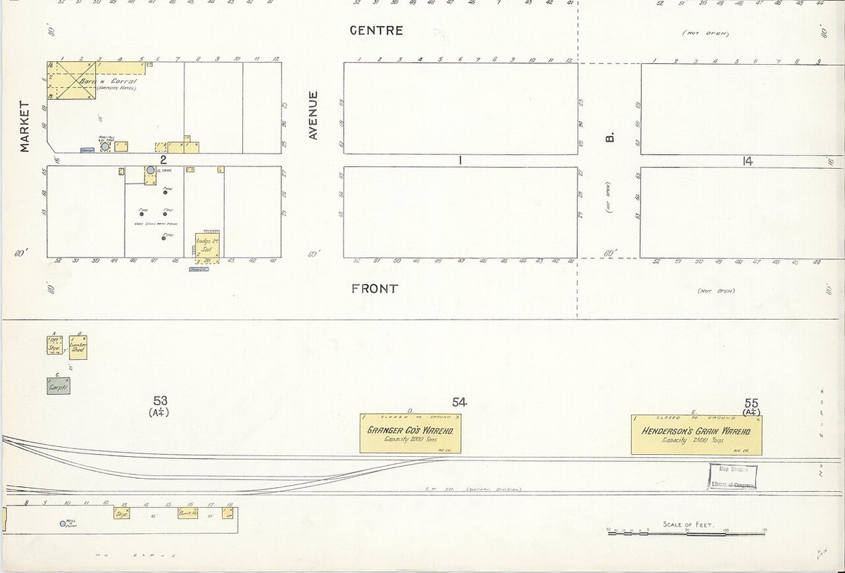 April 1905 Sanborn fire insurance map of Turlock showing railway tracks, grain warehouses and the early street grid.