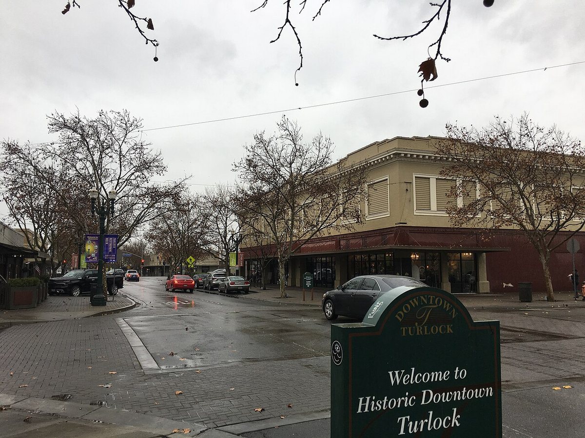 Downtown Turlock storefronts and street trees on a rainy day.