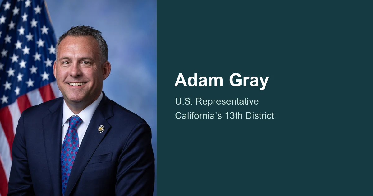 Official photograph of Adam Gray beside his name and congressional office.