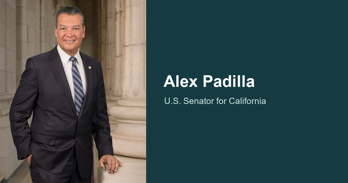 Official photograph of U.S. Senator Alex Padilla beside his name and office.