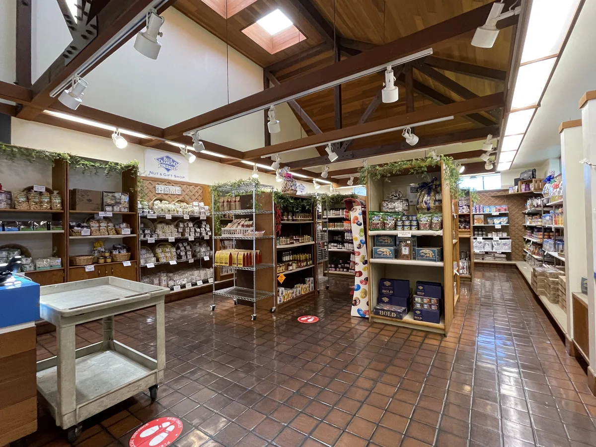 Shelves of nuts and gift products inside the Blue Diamond shop in Salida in March 2022.