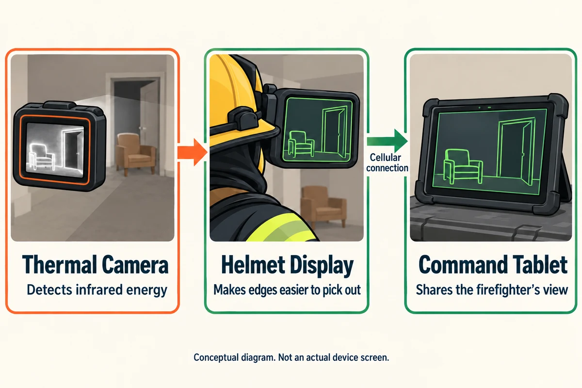 Conceptual information flow from a thermal camera to a helmet display and, over a cellular connection, a command tablet.