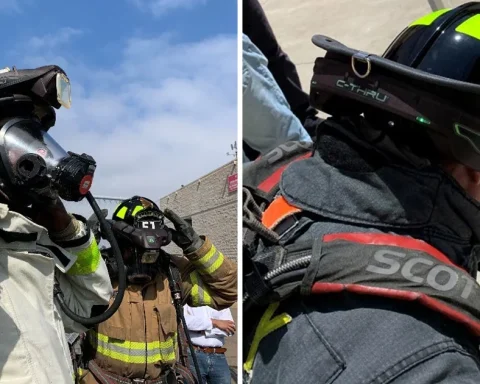 Firefighter evaluators wearing C-THRU Navigator equipment during a 2023 test in San Diego.