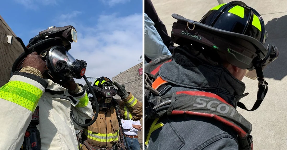 Firefighter evaluators wearing C-THRU Navigator equipment during a 2023 test in San Diego.