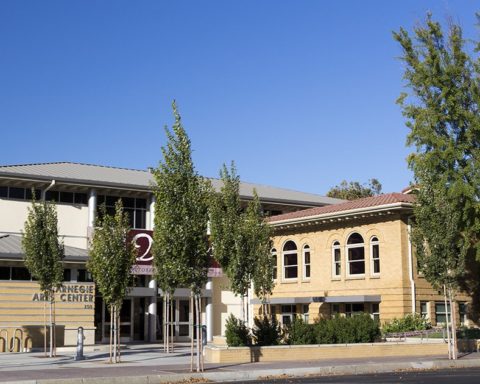 Carnegie Arts Center in downtown Turlock, showing the modern addition beside the historic library.