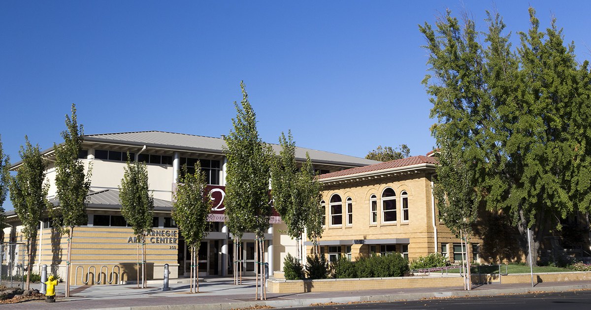 Carnegie Arts Center in downtown Turlock, showing the modern addition beside the historic library.