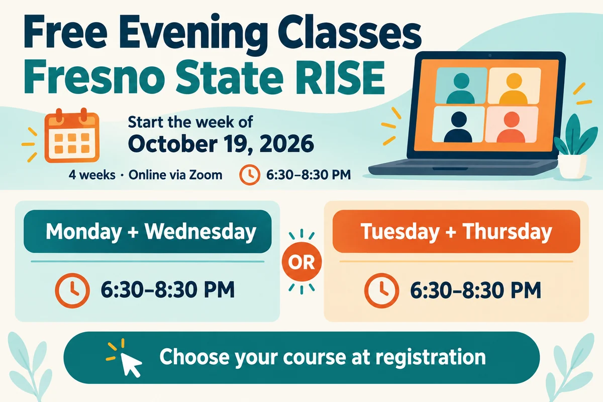 Free Fresno State RISE classes begin the week of October 19, 2026, for four weeks on Zoom from 6:30 to 8:30 p.m.; choose Monday and Wednesday or Tuesday and Thursday.