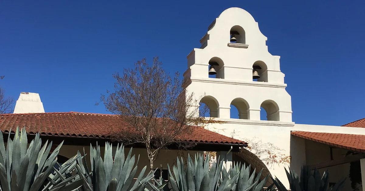 Bell tower and red tile roof at Bridlewood Estate Winery in Santa Ynez, California.