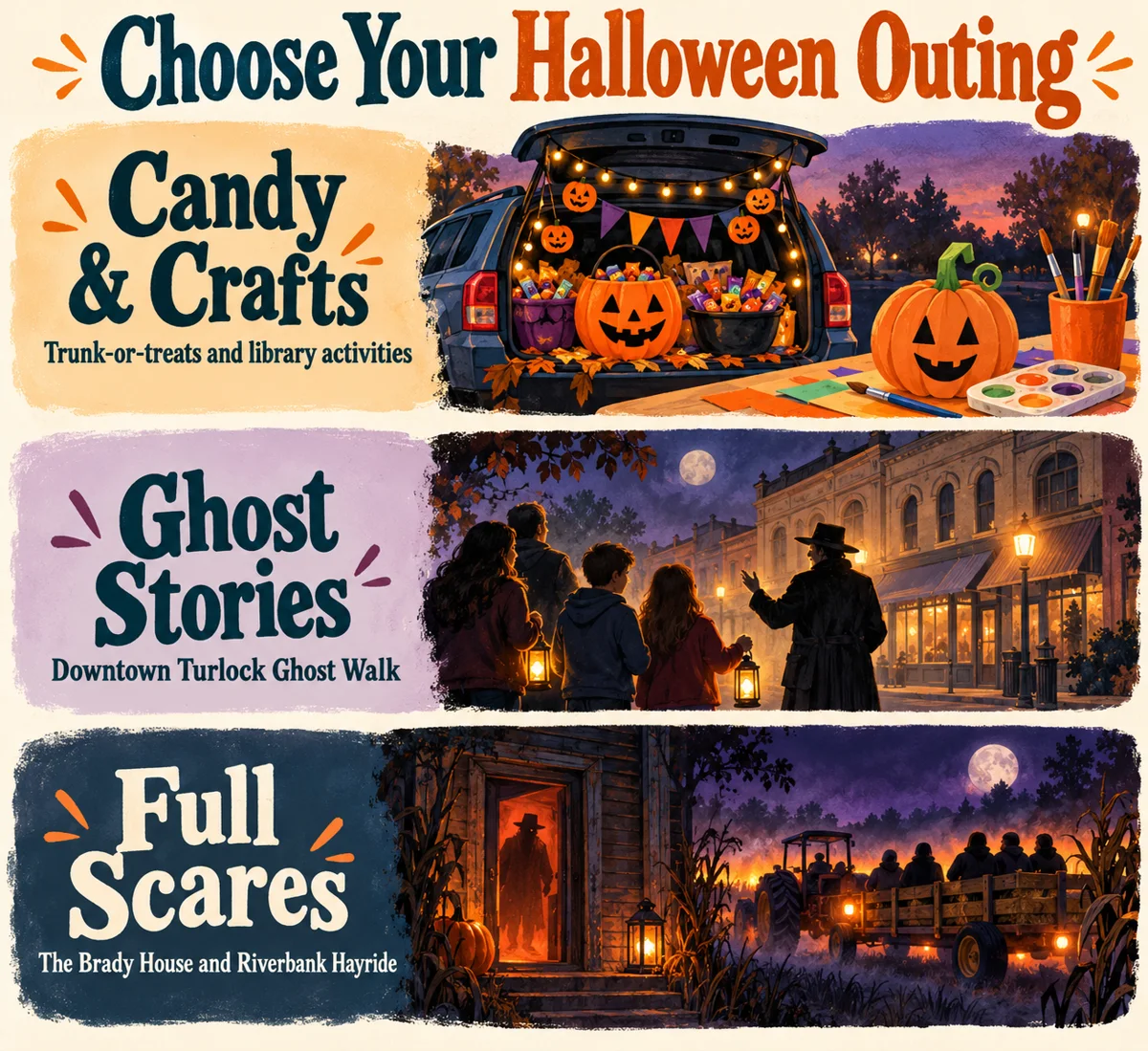 Illustrated comparison of Halloween outings: candy and crafts, the Downtown Turlock Ghost Walk, and full-scare haunted attractions.
