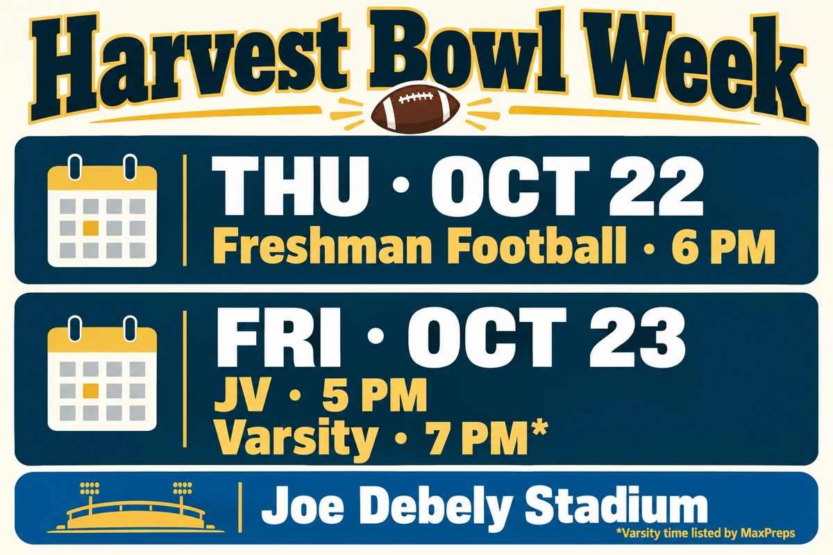 Freshman football Thursday October 22 at 6 p.m.; JV Friday October 23 at 5 p.m. and varsity listed at 7 p.m., at Joe Debely Stadium.