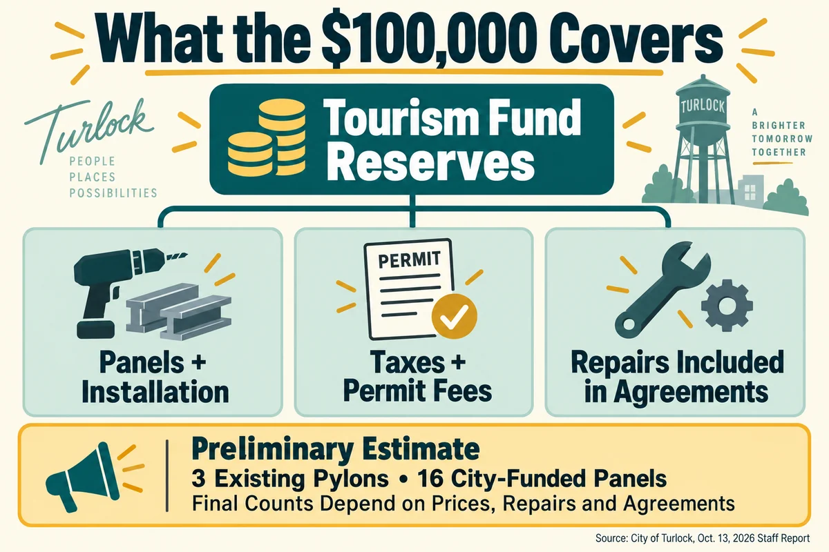The $100,000 tourism-funded budget covers panels and installation, taxes and permits, and agreed repairs. Preliminary scope: three existing pylons and 16 city-funded panels.
