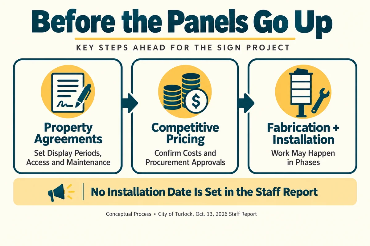 Tasks ahead include property agreements, competitive pricing, fabrication and installation. Work may happen in phases, and the staff report sets no installation date.
