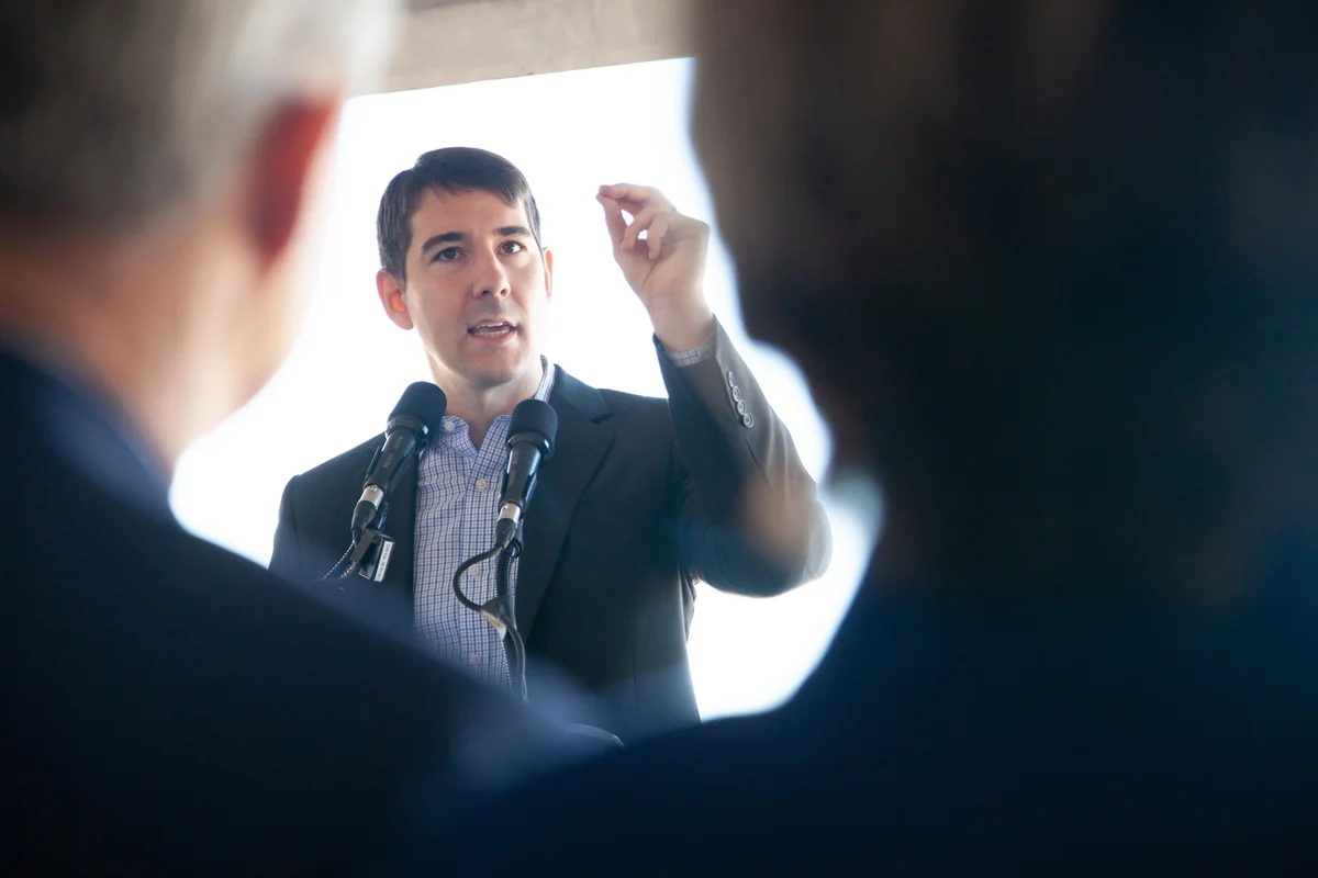 Josh Harder speaking at a Veterans Affairs outpatient clinic groundbreaking in French Camp on November 8, 2019