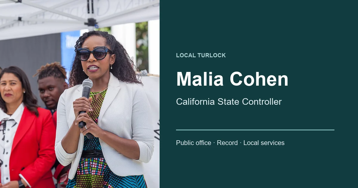 Malia Cohen speaking at Indigenous Peoples’ Day in 2018 beside a panel naming her current state-controller office.