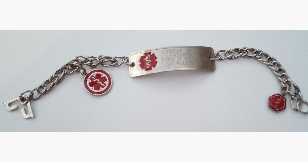 A medical identification bracelet with engraved health information, photographed in 2017.