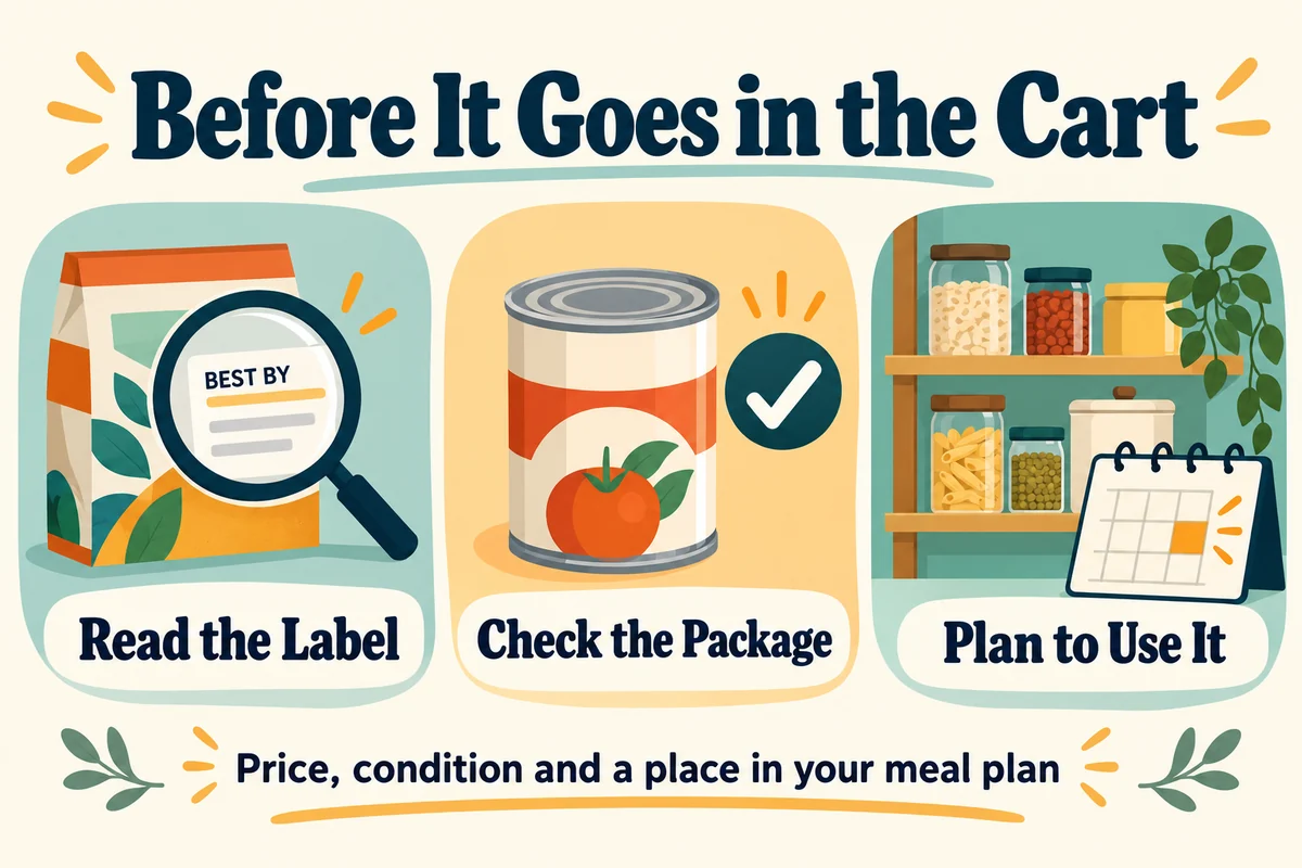 Three shopping checks: read the label, inspect the package and plan how to use the purchase.