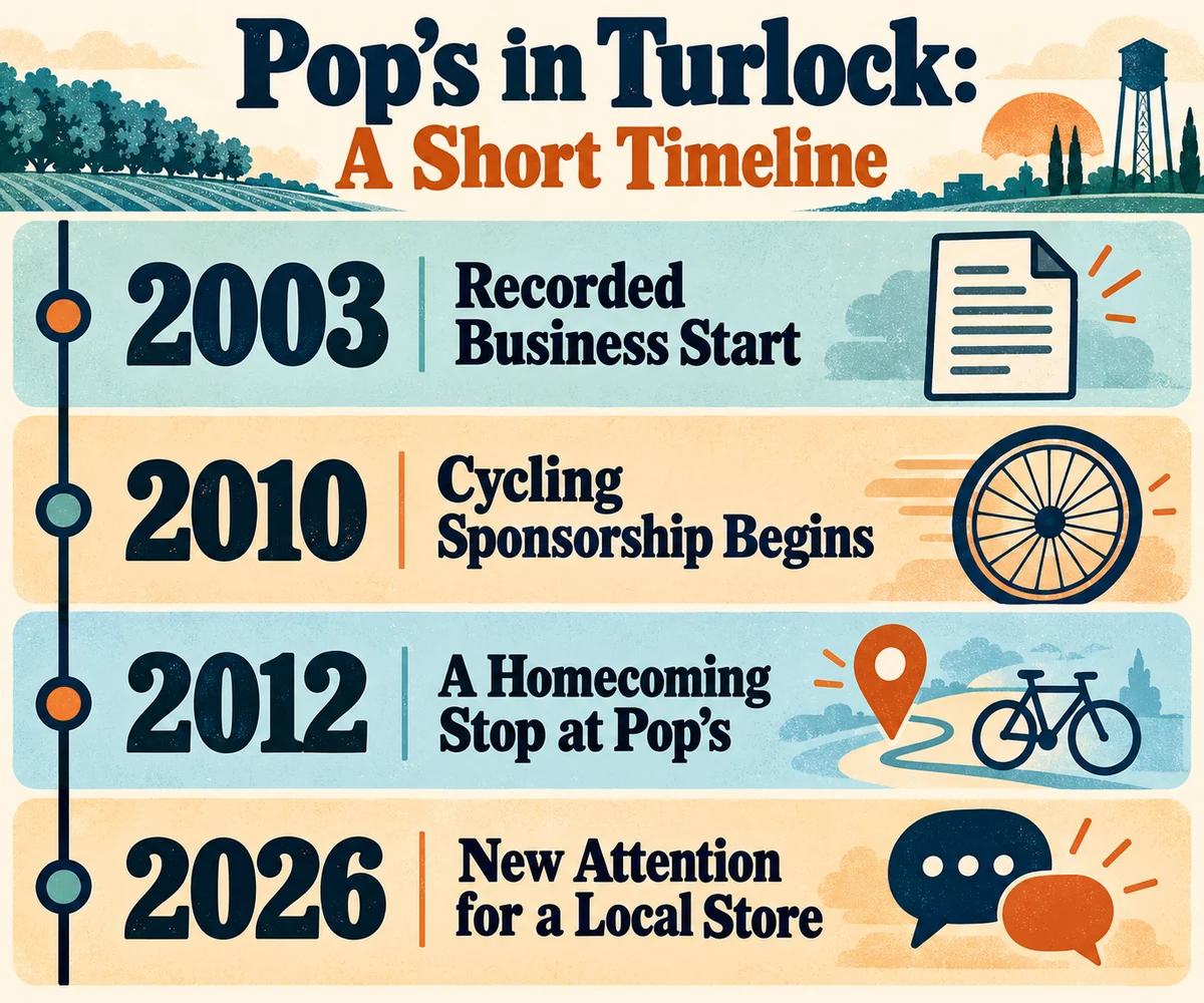 A short Pop's Turlock timeline: recorded business start in 2003, cycling sponsorship beginning in 2010, a homecoming stop in 2012 and renewed attention in 2026.