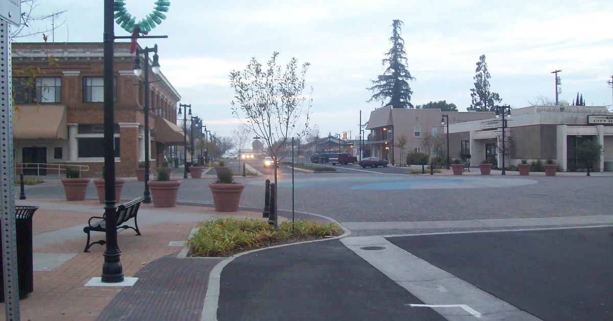 Downtown Riverbank viewed south along Third Street at Santa Fe Street in December 2009
