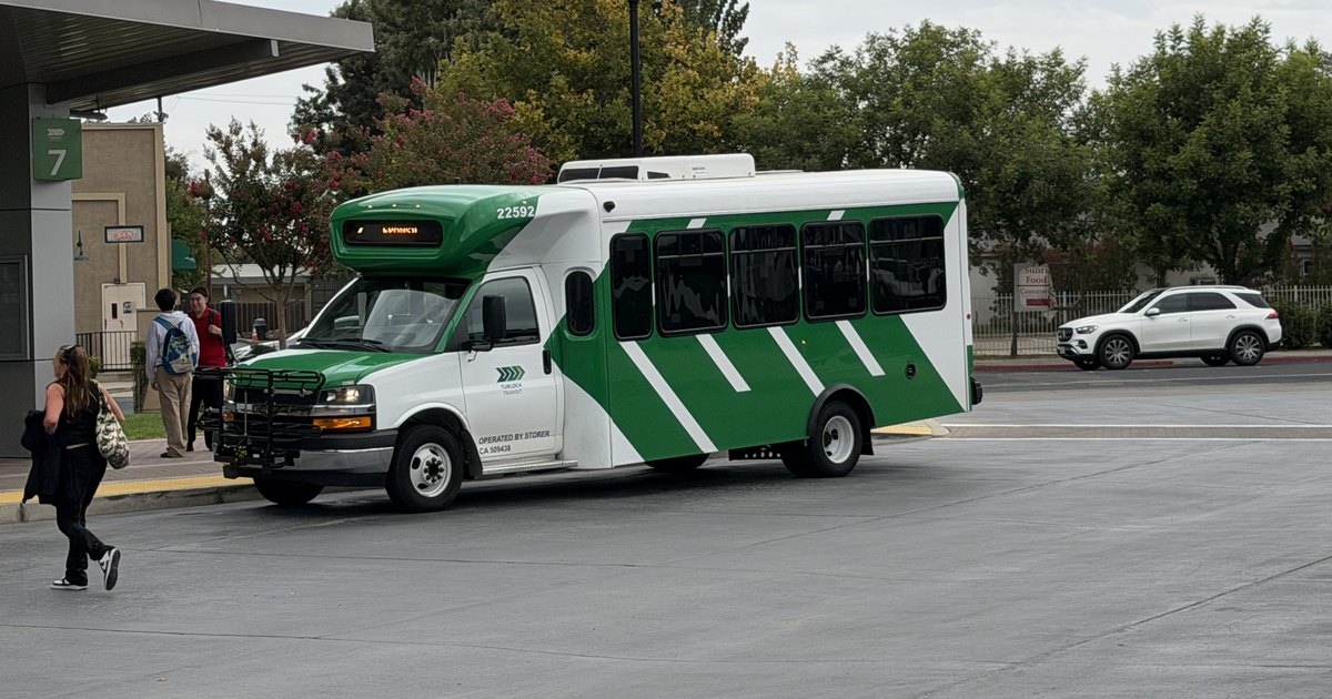 Turlock Transit bus at bay 7 of the Roger K. Fall Transit Center.