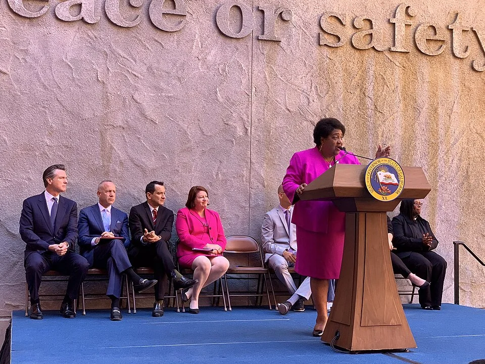 Shirley Weber speaks at the August 19, 2019 signing of her police use-of-force legislation, AB 392.