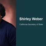 Official photograph of Shirley Weber beside her name and California Secretary of State title.