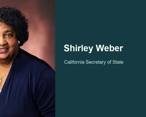 Official photograph of Shirley Weber beside her name and California Secretary of State title.