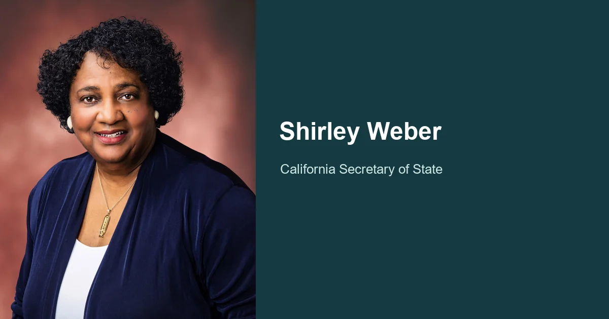 Shirley Weber’s official portrait, circa 2021, beside her name and title as California Secretary of State.