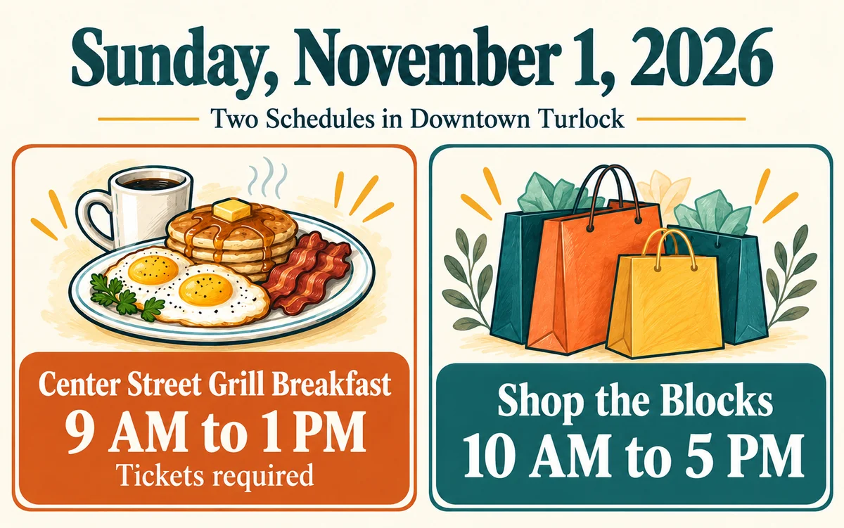 Sunday, November 1, 2026: Center Street Grill breakfast runs 9 AM to 1 PM with tickets required; Shop the Blocks runs 10 AM to 5 PM.