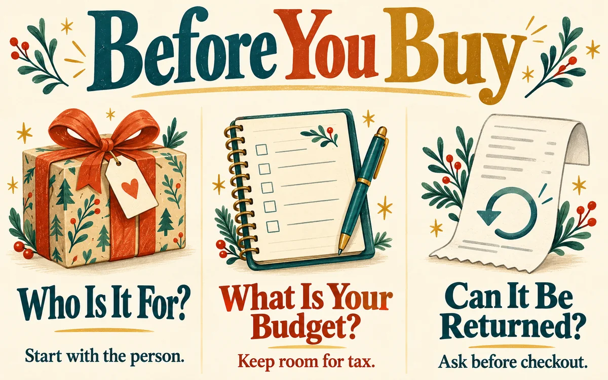 Gift-shopping checklist: Who is it for? Start with the person. What is your budget? Keep room for tax. Can it be returned? Ask before checkout.