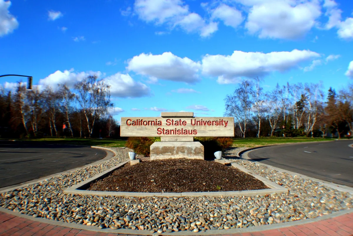The former California State University, Stanislaus entrance sign on University Circle, photographed in January 2009.