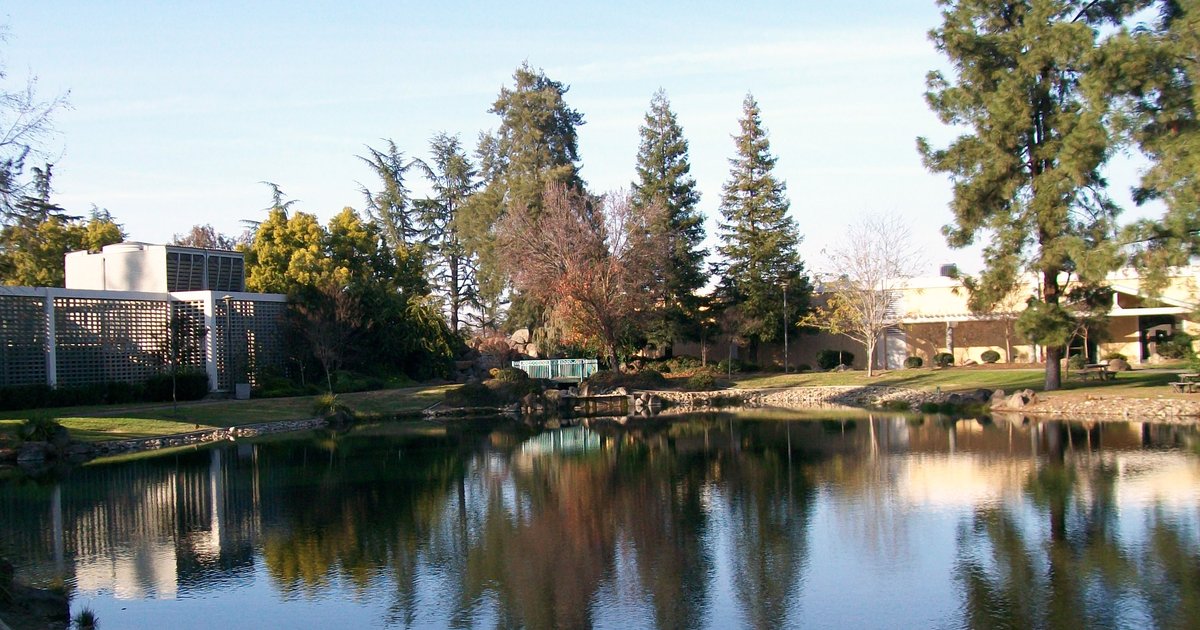 Campus buildings reflected in a lake at California State University, Stanislaus in Turlock, December 2008.
