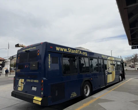 A blue-and-gold StanRTA bus at Modesto Transit Center on September 20, 2026.