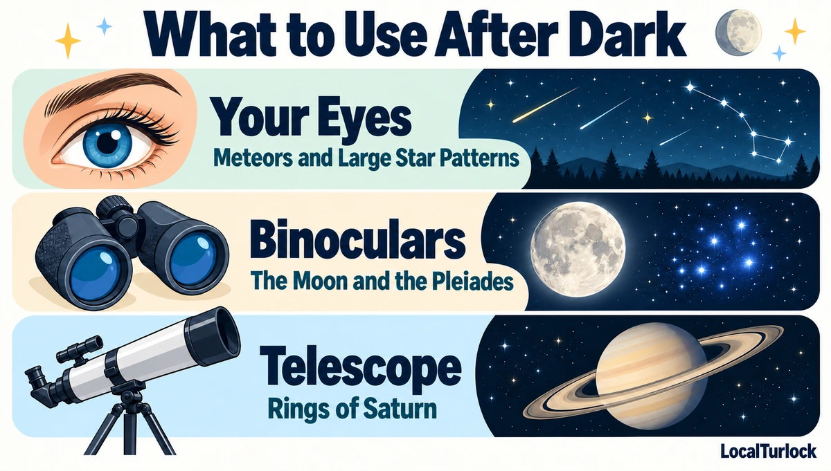 Use your eyes for meteors and large star patterns, binoculars for the Moon and Pleiades, and a telescope for the rings of Saturn.