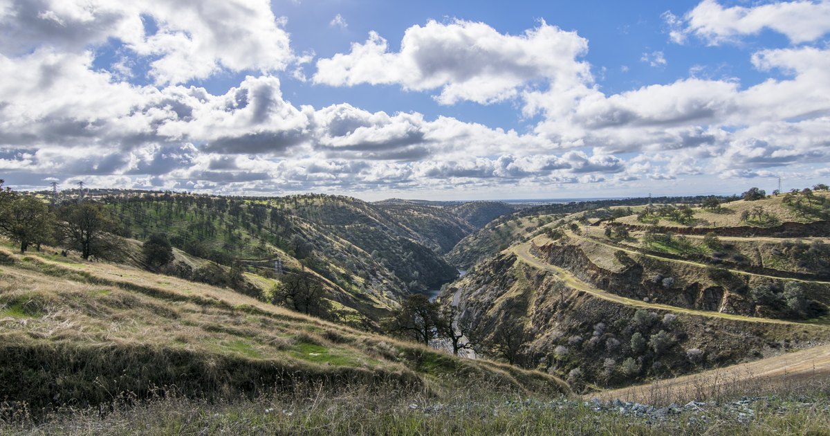 The Tuolumne River gorge and La Grange Reservoir seen from the top of New Don Pedro Dam