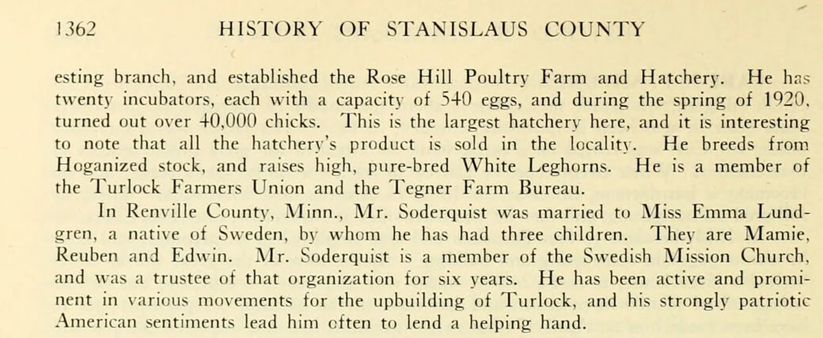 A. Soderquist’s 1921 biography describes Rose Hill Hatchery’s incubators, chick production and family in Turlock.