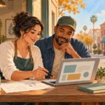 Illustration of two entrepreneurs planning a business around a laptop in a Central Valley storefront