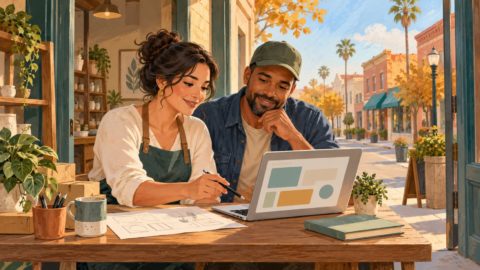 Illustration of two entrepreneurs planning a business around a laptop in a Central Valley storefront