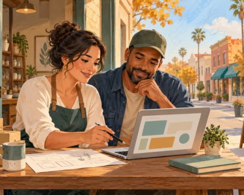 Illustration of two entrepreneurs planning a business around a laptop in a Central Valley storefront