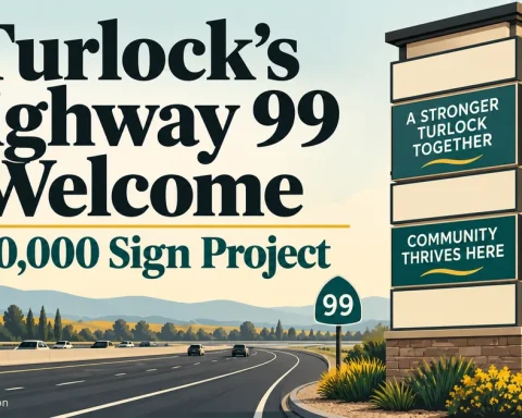 Conceptual illustration of community-message panels on a roadside sign beside Highway 99.