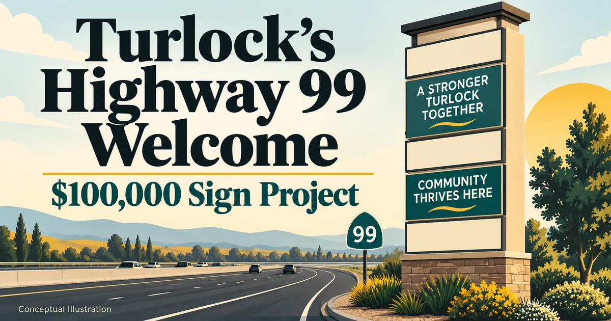 Conceptual illustration of community-message panels on a roadside sign beside Highway 99.