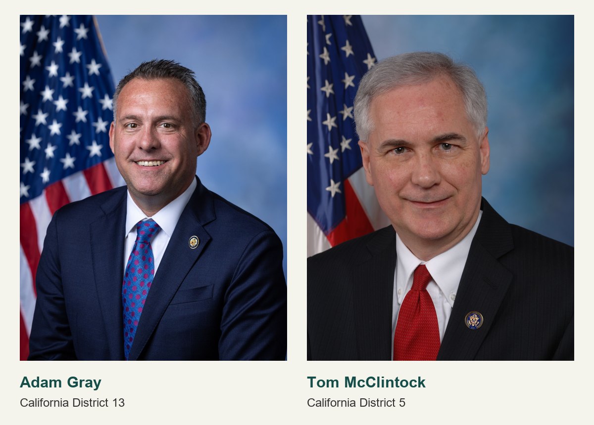 Official portraits of Adam Gray, California District 13, and Tom McClintock, California District 5.