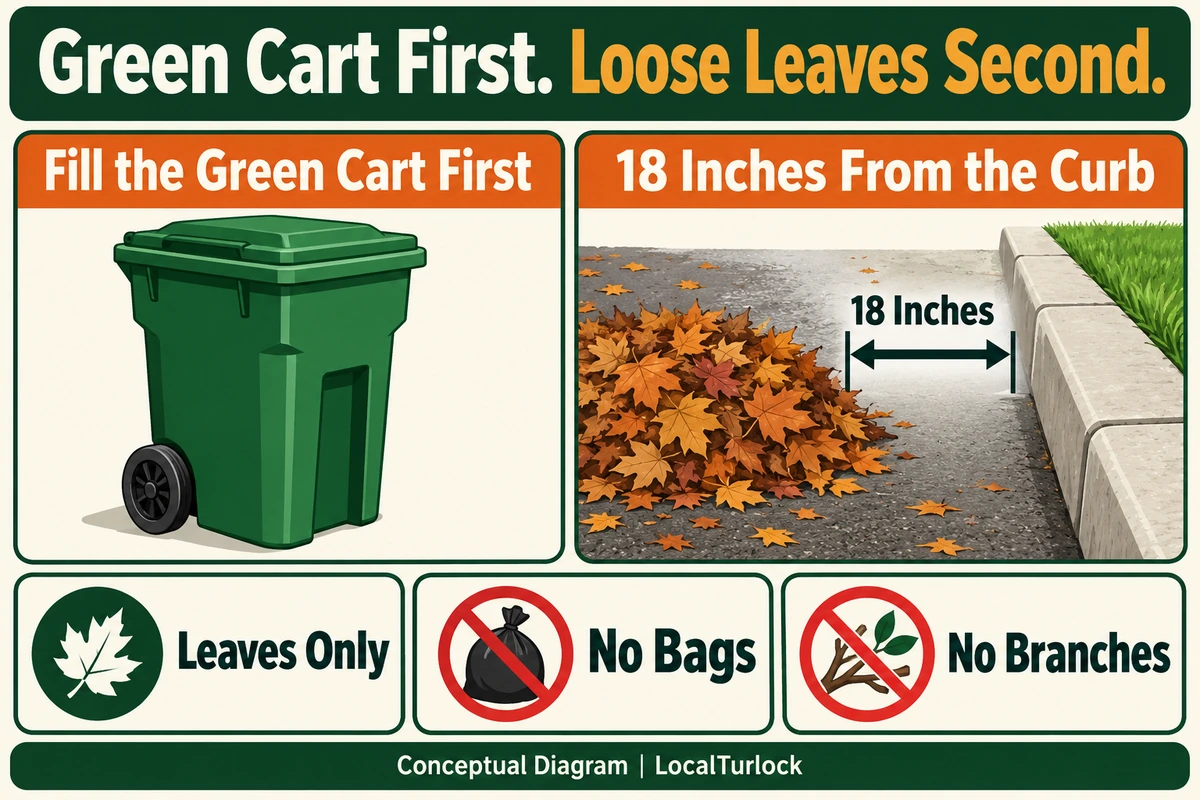 Use the green cart first. Overflow street piles must contain loose leaves only, without bags or branches, 18 inches from the curb. Conceptual diagram.