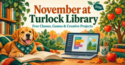 Illustration of a reading dog, coding laptop and fruit tree for Turlock Library programs in November 2026.