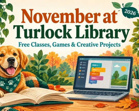 Illustration of a reading dog, coding laptop and fruit tree for Turlock Library programs in November 2026.