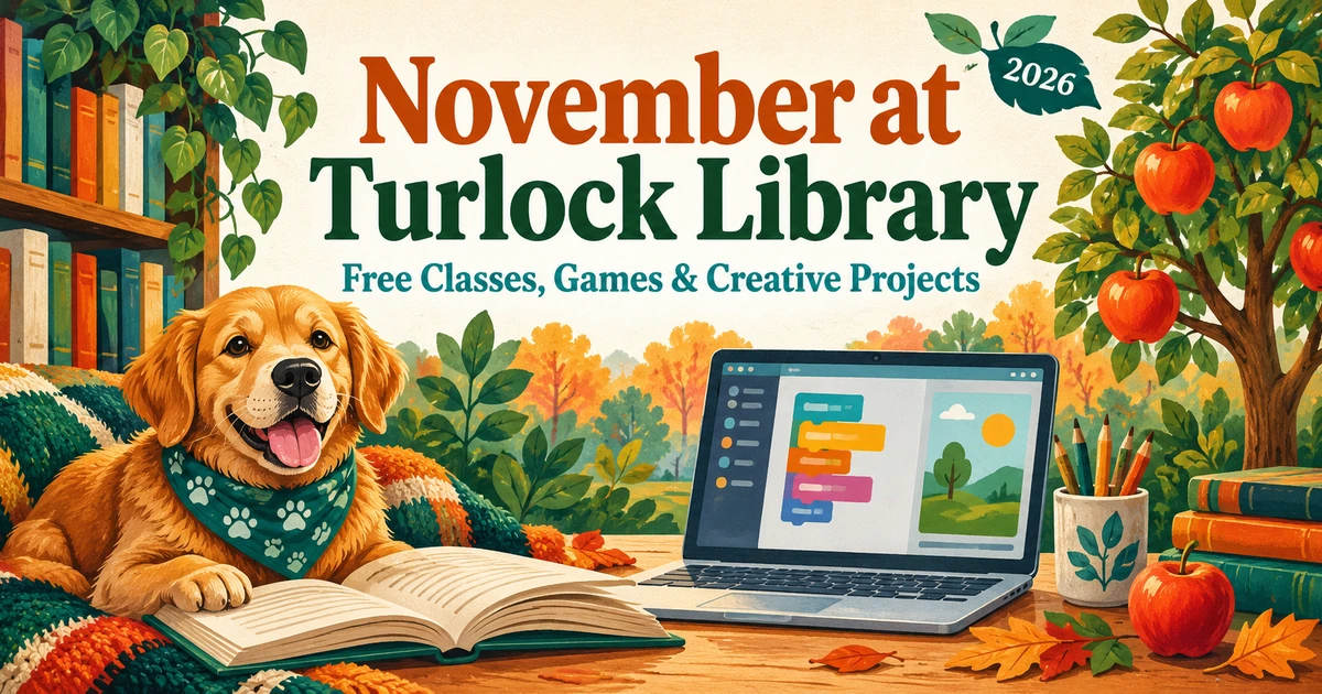 Illustration of a reading dog, coding laptop and fruit tree for Turlock Library programs in November 2026.