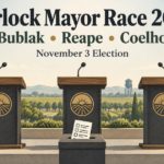 Three empty debate podiums and a ballot for the 2026 Turlock mayoral election.
