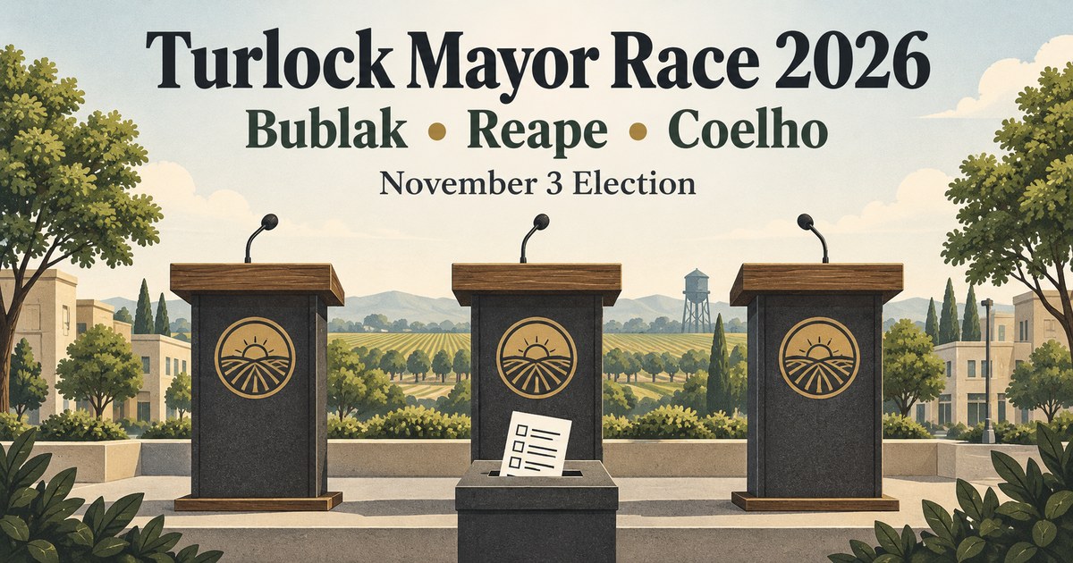 Three empty debate podiums and a ballot for the 2026 Turlock mayoral election.