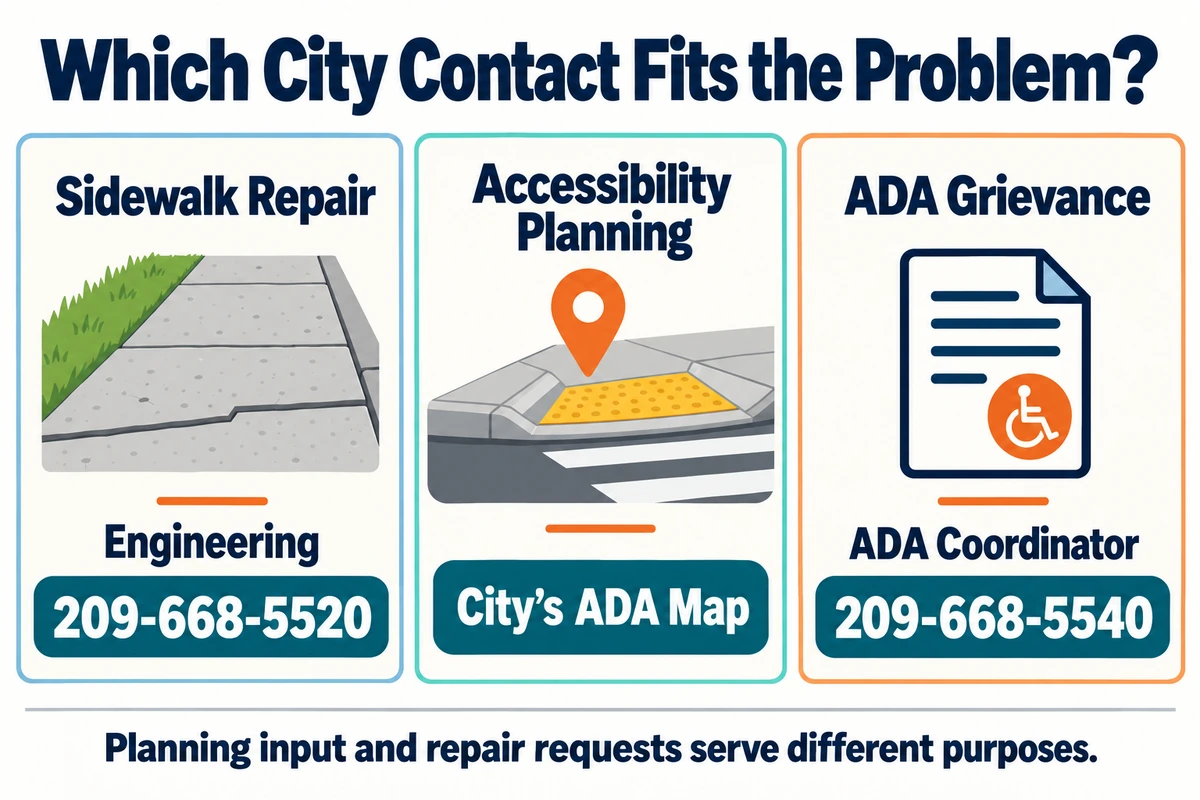 Sidewalk repair: Engineering, 209-668-5520. Accessibility planning: the city's ADA map. ADA grievance: ADA coordinator, 209-668-5540.