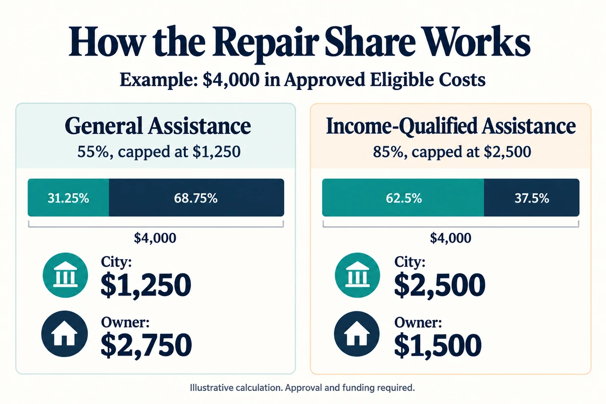 For a $4,000 approved eligible repair, general assistance leaves $2,750 to the owner; income-qualified assistance leaves $1,500.