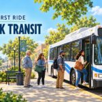 Editorial illustration of a city bus and passengers at a sunny bus stop for a Turlock Transit first-ride guide